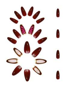 24片杏仁形3D凝胶美甲贴纸，可打造星形、法式美甲、豹纹等多种美甲图案，完美适用于亚克力指甲。套装包含：1瓶果冻凝胶和1把指甲锉。酒红色和法式美甲图案，适合女性日常工作、节日和派对场合。美甲用品 - 酒紅色 - 查看 3