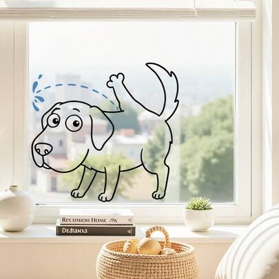 1张趣味调皮小狗玻璃贴纸，搞笑动物线条艺术马桶座贴纸