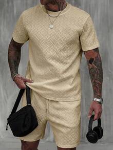 2pcs Men's Diamond Texture T-Shirt And Shorts Set, Casual Commuter Comfortable Minimalist - Khaki - View 4