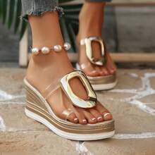 New Plus Size Women Comfortable Minimalist Parallel Rhinestone Transparent Double Strap Open Toe Wedge Heel Slides Sandals, Casual Fashion Vacation Beach Summer Shoes - Champagne - View 3