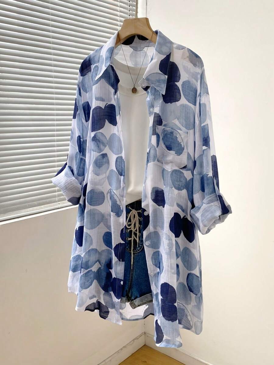 女士全印花荷叶袖单排扣休闲长衬衫度假装 - 彩色 - 查看 1