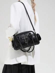 Women's Fashionable Cross-Studded Handbag, Sweet And Cool Punk Bowling Bag, Shoulder/Crossbody Bag. - Black - View 9