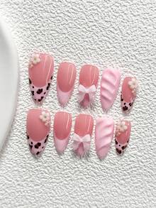 10Pcs Pink Leopard Print Style Polygel Nail Set,Acrylic Press-On Nails,Light Pink 3D Bow,White Camellia,Hand-Painted Solid Color Water Ripples,Premium Pink Nail Polish,Comes With Nail Tools(1 Sheets Jelly Stickers+1PC Nail File)3 Sizes Available,Almond Nails, Duck Nails,Coffin Nails,Suitable For Daily, Reunion,Party,Photograph,Play,Spring Summer,Commute Supplies Nails,Great Gift For Ladies And Girls Press On Nails - 彩色 - 查看 16