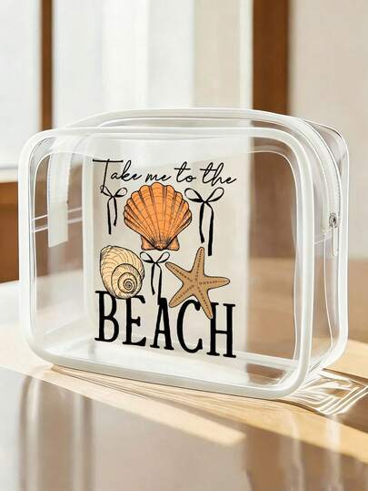 Letter Print "Take Me To The Beach" PVC Waterproof Beach Bag With Seashell And Starfish Decor, PVC Cosmetic Bag, PVC Travel Organizer Bag With Zipper - Lightweight Fade-Resistant Makeup And Toiletry Bag Suitable For Women And Men, TSA-Approved Portable Cosmetic Case, Easy-To-Wipe Design, Ideal For Mothers, Teachers, Friends, Nurses