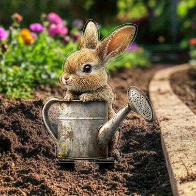 2D亚克力花园插牌，1个波西米亚风格兔子和浇水壶图案植物标签，四季皆宜，多功能植物艺术标牌，是花园、户外装饰的理想之选，也是生日、节日的完美礼物