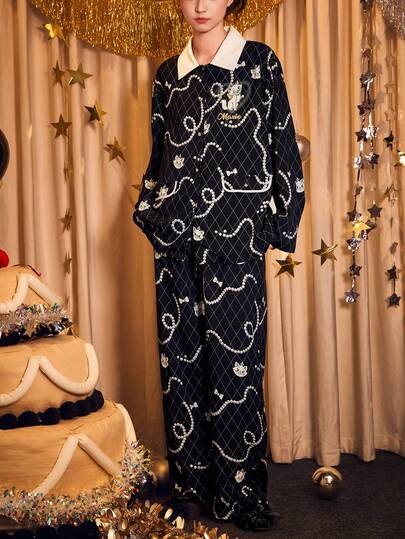 Gongdie 2pcs Disney Marie Cat Print Cotton Long Sleeve Pajama Set, Black, Suitable For Spring And Autumn