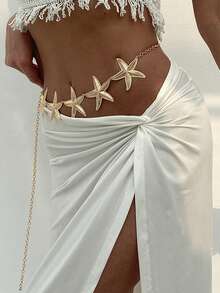 1件复古时尚个性化金属3D海星拼接腰链，波西米亚优雅百搭连衣裙腰带，适合女性任何场合佩戴 - 金色 - 查看 6