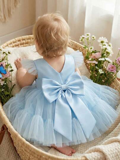 Baby Girls Blue Cap Sleeve Wedding Flower Girl Tulle Dress With 3D Bow Decor, Elegant Party Princess Dress Suitable For Baby's 1st Birthday, Party, Formal Occasion, Wedding