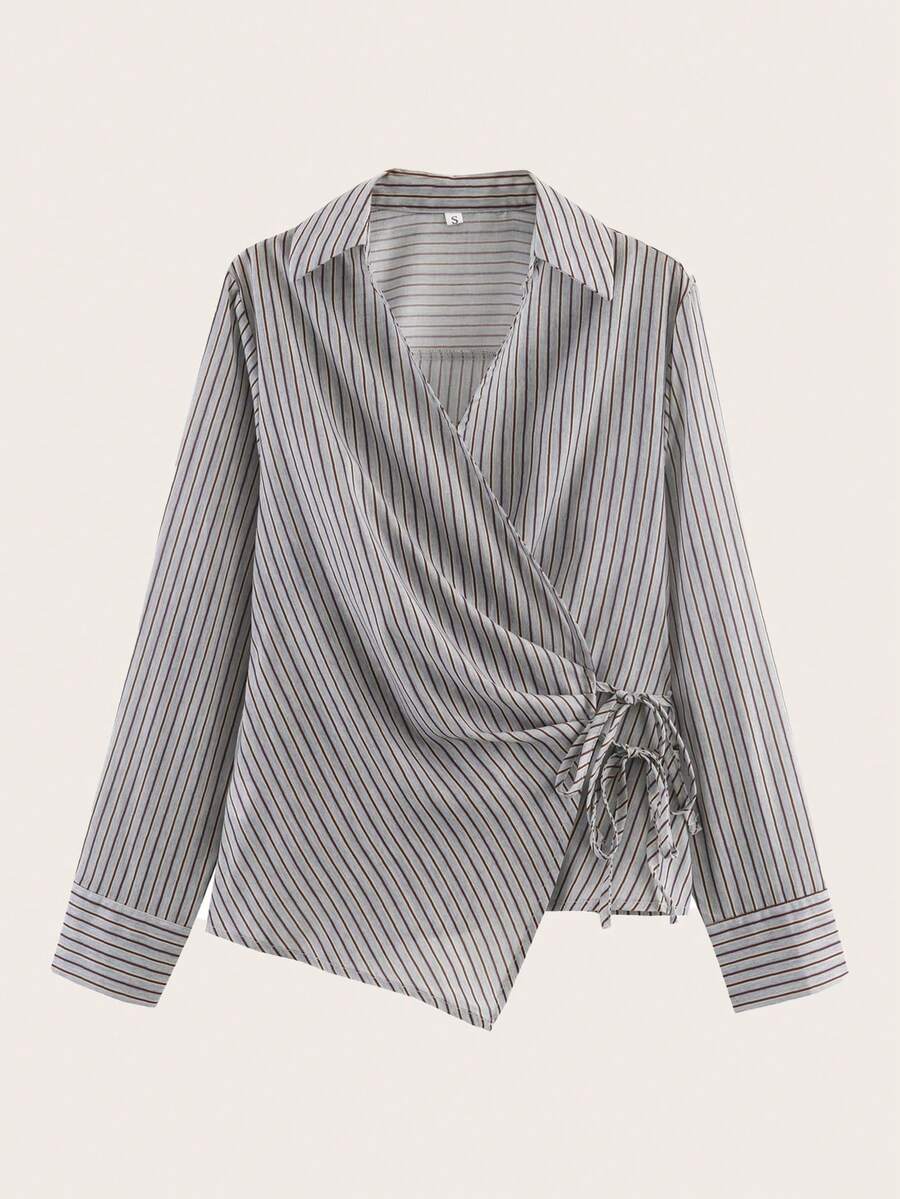 条纹印花系带休闲长袖衬衫，适合春秋季穿着 - 彩色 - 查看 1