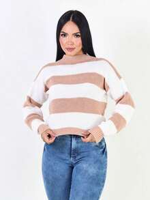 Women's Striped High Neck Knit Sweater, Winter Blouse - 米色 - 查看 2