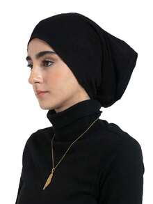 2pcs Women Scarf & Cap Set, Versatile Underscarf Cap Combo, Hijab Middle East Abaya Accessory, Elastic Underscarf Cap & Chiffon Scarf Casual Set - Black - View 5