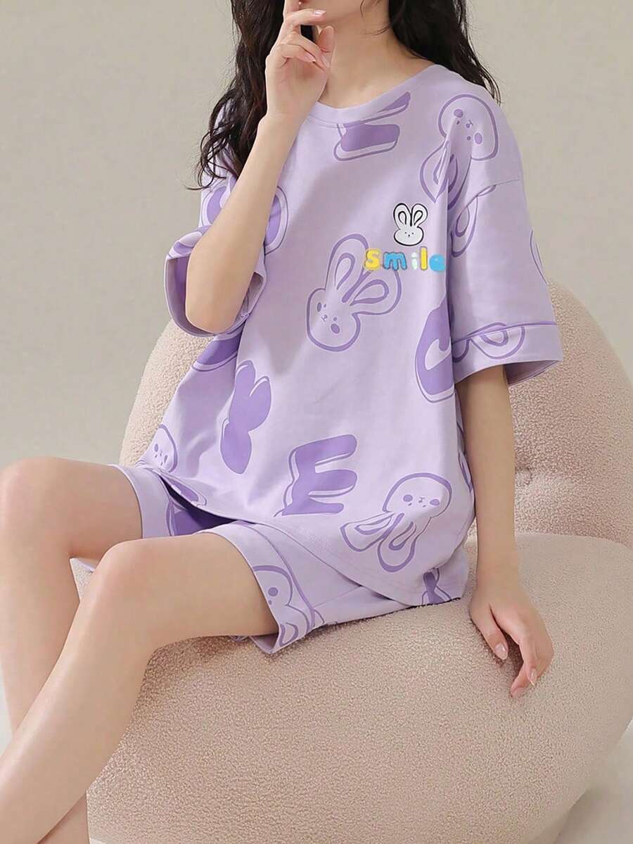 AICJ Casual Minimalist Cartoon Rabbit Print Round Neck Short Sleeve Top And Shorts 2-Piece Pajama Set, Suitable For Spring/Summer, Mother's Day, Valentine's Day, New Year Gift - Purple - View 1