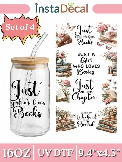 4pcs/Set 16oz Glass Cup Wrap UV DTF Transfer Sticker (9.4x4.3in) No Heat Needed, Vintage Floral Book Lover Reader Coffee Quote Graphic, Crazy Bookworm Bookish Introvert Waterproof Decal, Rub On Sticker For Libbey Can Tumbler DIY Teacher Librarian Gift