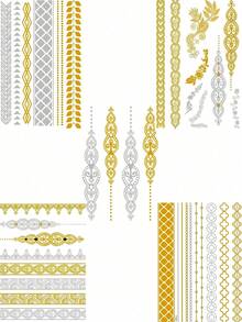 5张金色临时纹身贴纸，银金色金属质感羽毛曼陀罗图案，防水闪光纹身贴纸，适合女性，夏季海滩音乐节派对人体彩绘 - 彩色 - 查看 2