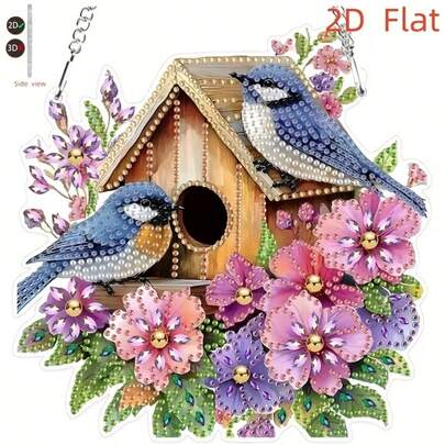 2D Flat Diamond Art Hanging Kit For Adults, DIY Flower & Bird Window Pendant Diamond Painting Kit, Sun Catcher, Special Shaped Crystal Acrylic, Porch Outdoor Garden Decor