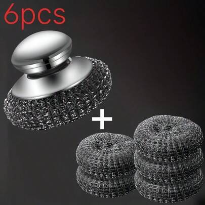 6支装不锈钢钢丝清洁刷，配5个替换刷珠，适用于碗碟清洁，不会损伤锅具，专业去除顽固污渍，适用于铸铁锅、烤架、炉灶、水槽、炊具等，是居家必备工具。