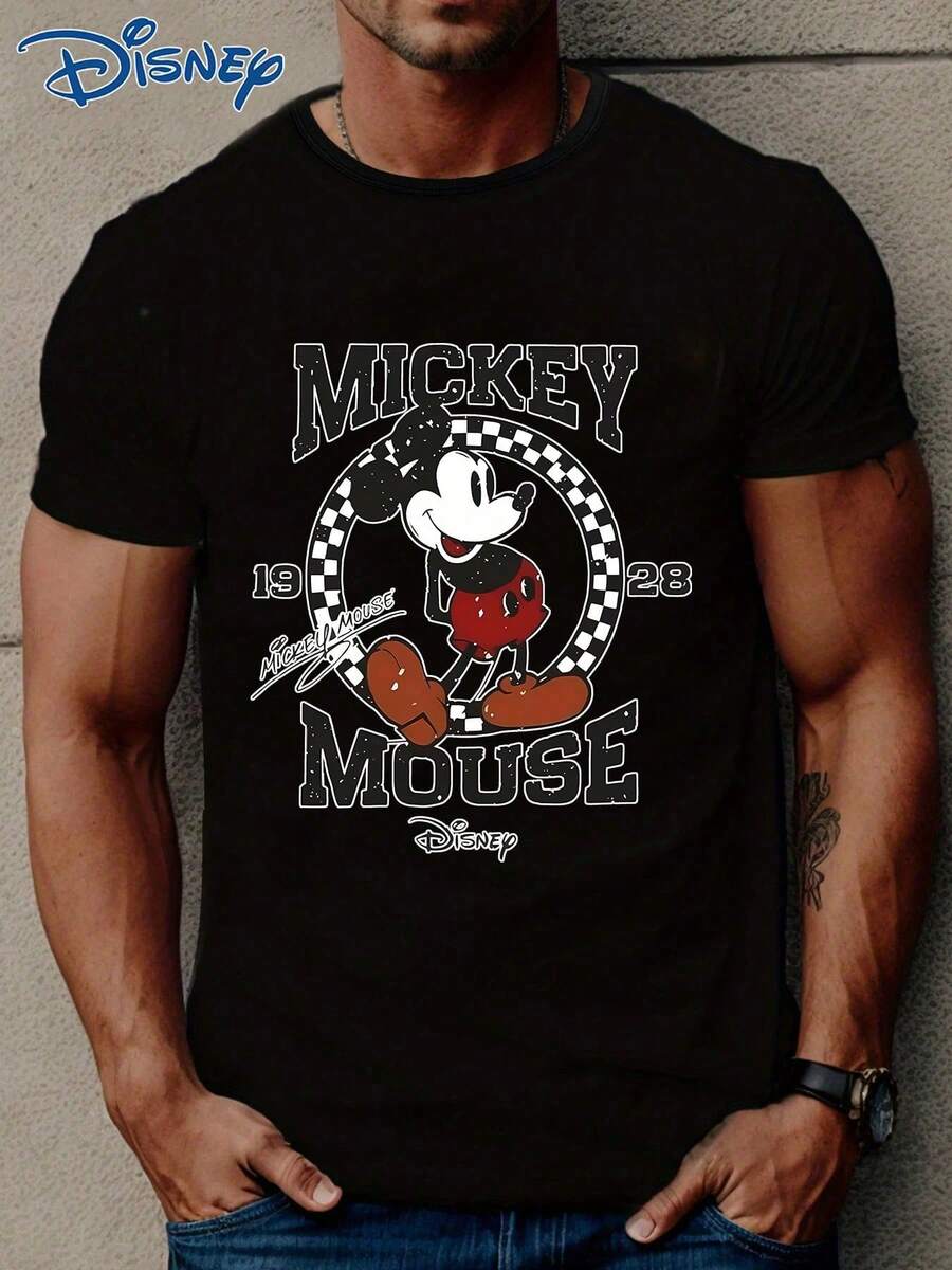 Disney 1pc Men's Mickey Mouse Cartoon Graphic Print Short Sleeve T-Shirt, Round Neck, Stretchy, Suitable For Everyday Wear, Easy Care, Fashionable Casual Men's T-Shirt, Breathable And Light, For Sports And Leisure Wear, Suitable For Gifts, For Parties. - 黑色 - 查看 1