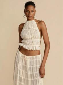 Women's 2 Piece Dress Set, Sexy Sleeveless Backless Halter Crop Top & Pleated Long Skirt, Beach Outfit - 白色 - 查看 2