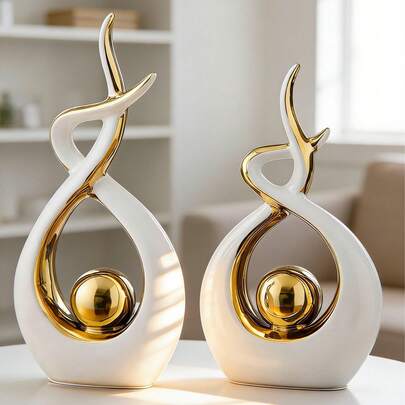 1 pieza Escultura de resina abstracta moderna en dorado y blanco - Acento decorativo elegante para el hogar, adecuado para la sala de estar, mesa de centro, escritorio de oficina, mesita de noche y entrada. Esta decoración central con características de una esfera dorada brillante, agregando un toque lujoso a tu espacio interior moderno, minimalista o contemporáneo, perfecto como una pieza decorativa elegante para estantes, repisa de chimenea y regalos de inauguración de casa.