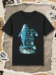 Cotton T-Shirt With Whale Motif, Round Neck, Relaxed Fit, Casual, Comfortable, Graphic Design - Black - View 1