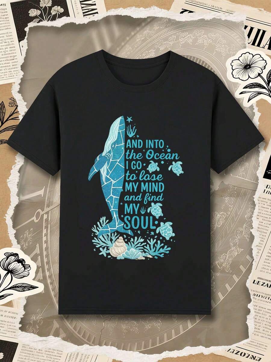 Cotton T-Shirt With Whale Motif, Round Neck, Relaxed Fit, Casual, Comfortable, Graphic Design - Black - View 1