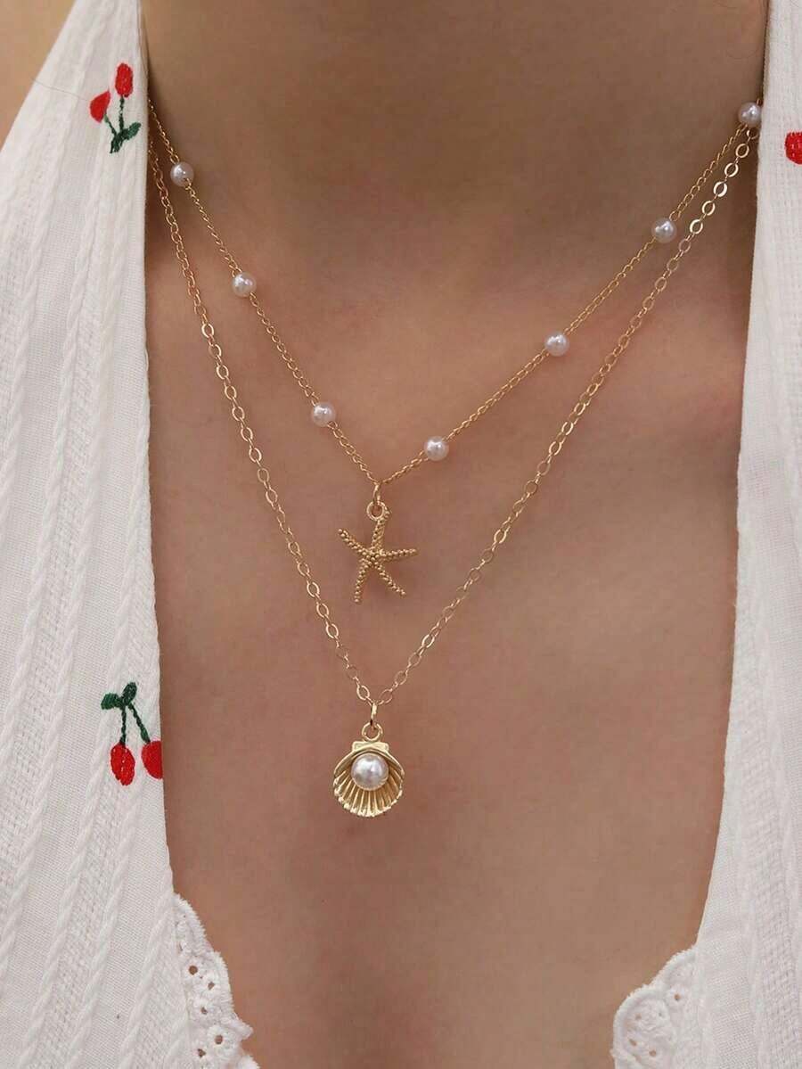 1pc Beach Ocean Resort Style Starfish & Shell Faux Pearl Layered Necklace, Suitable For Daily Wear, Gift-Giving And Fashion Accessory - 彩色 - 查看 1