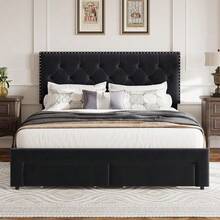 Beaully Velvet Upholstered Bed Frame With 2 Drawers And Smooth Casters &Headboard, Queen/Full King Size Button Tufted Rivets Headboard, Wooden Slat Support, Noise Free & No Box Spring Needed - Black-Queen Size - 查看 3