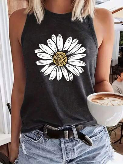 Sunflower  Print, Women's Casual Sleeveless Vest, Summer S Vest, Comfortable, Suitable For Outdoor And Daily Wear, Suitable For Gifts For Friends And Family On Holidays.