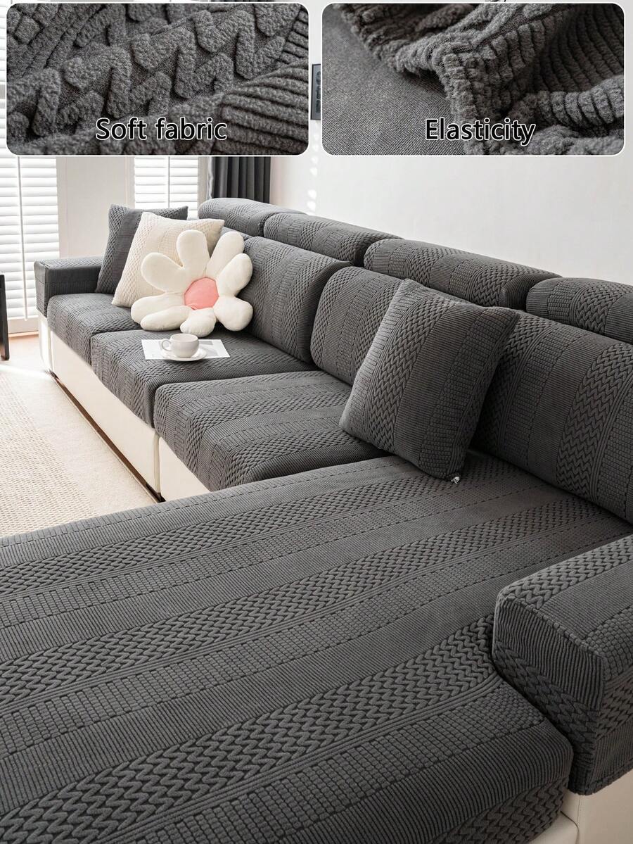 1pc Plush Fabric Sofa Slipcover, Stain-Resistant Anti-Slip Sofa Seat Cover, Machine Washable, Pet-Friendly, Elastic Sofa Cushion Cover For 1/2/3/4 Seater Sofa, L-Shaped Sofa - Striped Pattern - Dark Grey - View 1