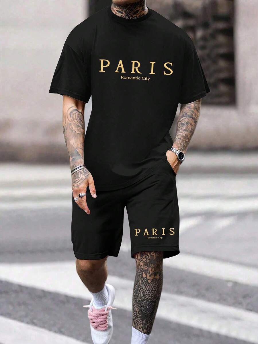 Men's Casual Round Neck Short Sleeve Shorts Set, Suitable For Commuting - Black - View 1
