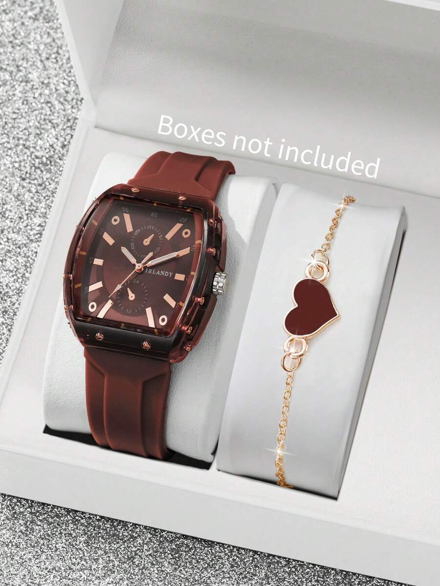 2pcs/Set Women's Silicone Watch With Barrel Shape Dial, Numeric Scale Dial, & Elegant Quartz Wristwatch + Heart-Shaped Bracelet (Watch Box Not Included) - Brown - View 1