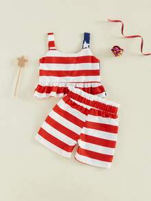 4th Of July Toddler Girl Outfit Strip Star Printed Sleeveless Tops Elastic Waist Shorts Girls Summer Clothes - Màu xanh lam - Xem 2