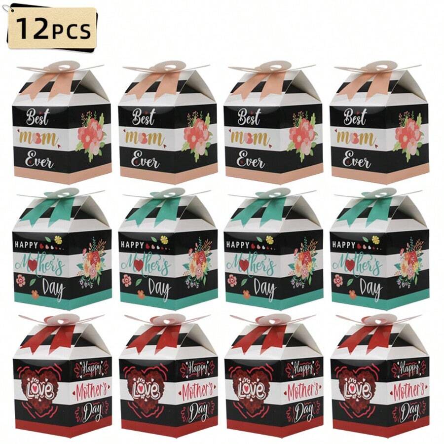 12个装礼品盒，蝴蝶结装饰纸盒，生日派对回礼，蝴蝶结糖果盒，女士婚礼母亲节派对用品