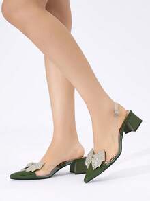 Women's Rhinestone Bow Decor Pointed Toe Transparent Chunky Heel Slingback Pumps, Elegant & Comfortable, Suitable For Party, Wedding, Banquet, Home Gathering In Spring, Summer, Autumn, Winter, Military Green PVC Transparent High Heels - Army Green - View 3