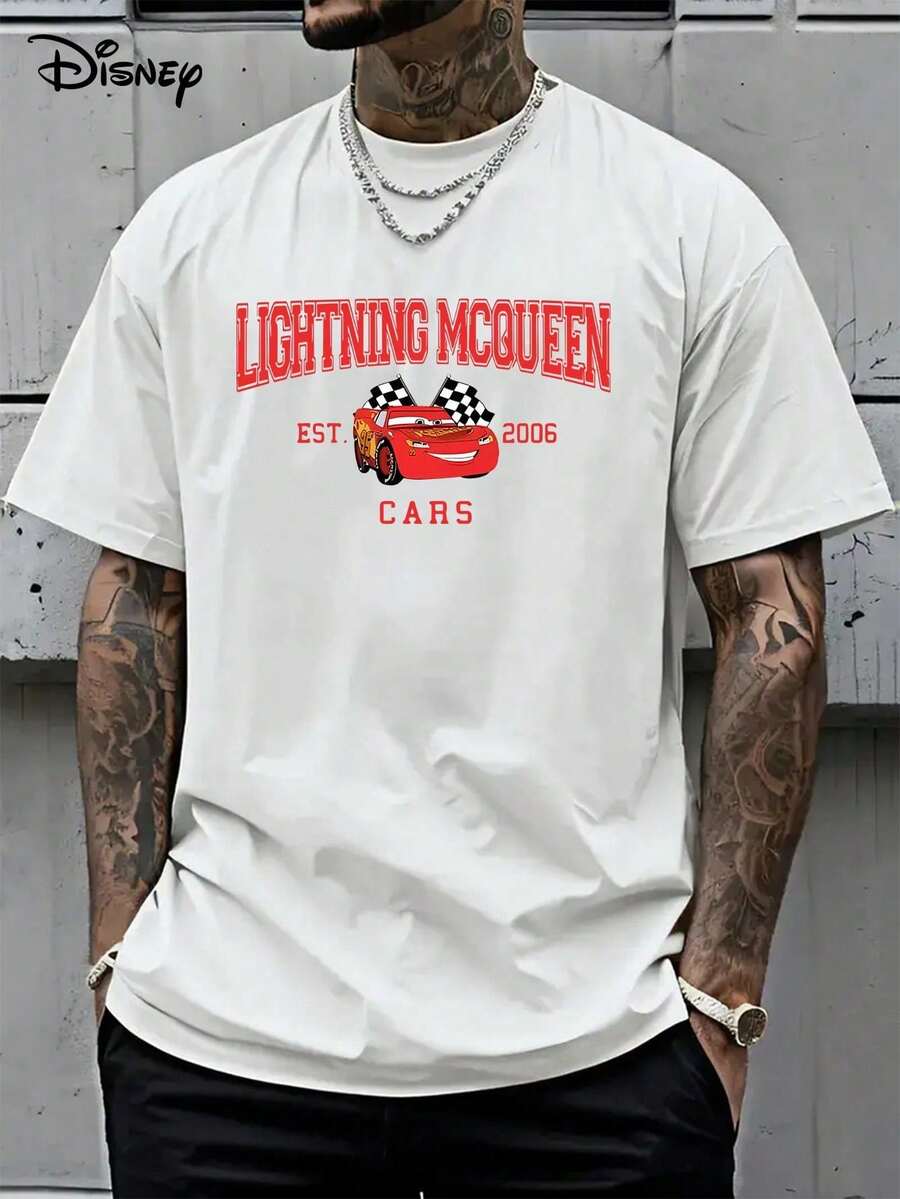 Disney Official Licensed Cars Lightning McQueen "EST. 2006" Graphic T Shirts 100 Percent Cotton Disney Shirt Washed 220g Unisex - 白色 - 查看 1