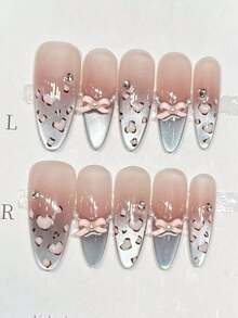 10pcs Cute Pink Leopard Print French Cat Eye Bow Acrylic Press-On Nails, Almond Shape, With Jelly Gel And Nail File, DIY Manicure Supplies, Suitable For Valentine's Day, Music Festival, School Trip, Etc. Handmade Press On Nails - Multicolor - View 5