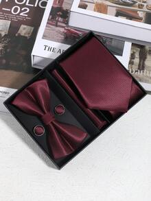 6pcs/Set Men's Fashion Plaid Textured Red/Green/Black Tie, Bow Tie, Cufflink Gift Box Set, Suitable For Dates, Daily Wear, Gifting, Suits, Holidays, Business Commute Matching - Color Mixing - View 1