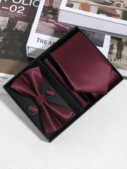 6pcs/Set Men's Fashion Plaid Textured Red/Green/Black Tie, Bow Tie, Cufflink Gift Box Set, Suitable For Dates, Daily Wear, Gifting, Suits, Holidays, Business Commute Matching