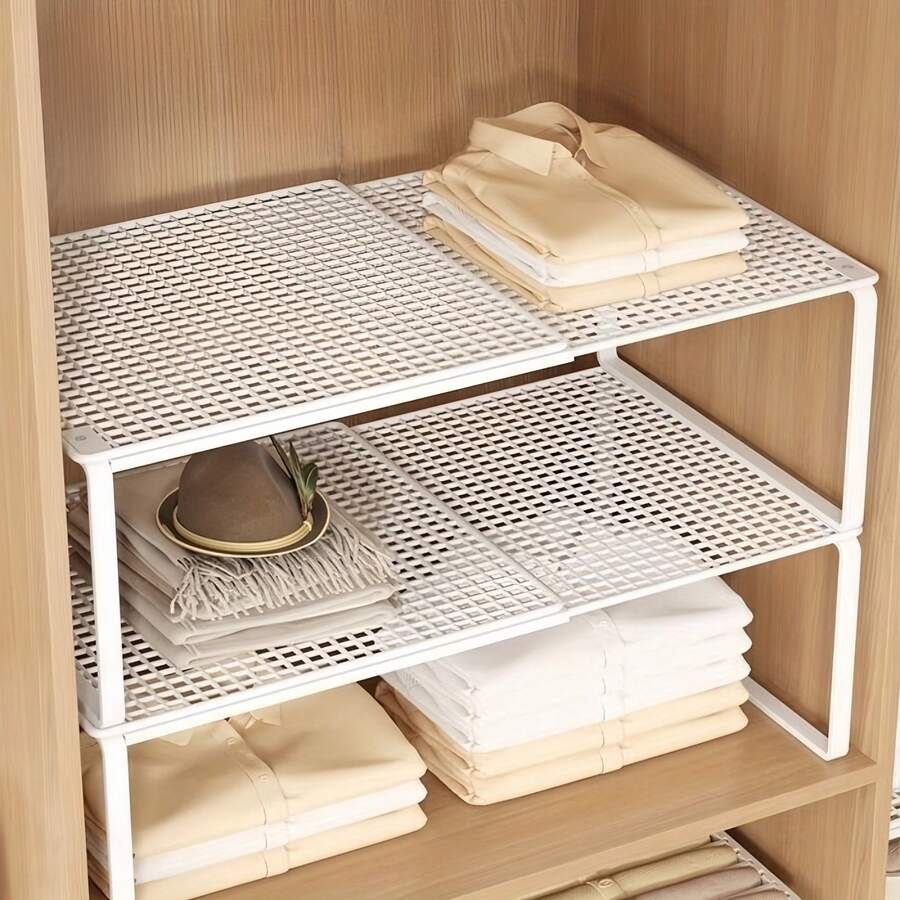 1pc Heavy Duty Adjustable Height Closet Shelf, Space Saving Metal Tiered Storage Rack With Easy Installation, Metal Material, Bedroom Wardrobe Organization Style, Expandable Tiered Pattern, Vertical Storage Shelf For Clothes Shoes Cabinets, Compatible With Wardrobes Shoe Cabinets