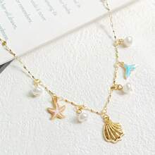 1 Collar de varias capas con colgante en forma de estrella, con cola de pez, perla falsa, borla, estrella de mar y concha de playa, inspirado en el viento del océano - Dorado - Ver 1