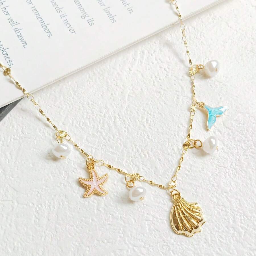 1 Collar de varias capas con colgante en forma de estrella, con cola de pez, perla falsa, borla, estrella de mar y concha de playa, inspirado en el viento del océano - Dorado - Ver 1