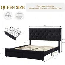 Beaully Velvet Upholstered Bed Frame With 2 Drawers And Smooth Casters &Headboard, Queen/Full King Size Button Tufted Rivets Headboard, Wooden Slat Support, Noise Free & No Box Spring Needed - Black-Queen Size - 查看 2