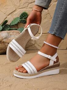 夏季新款坡跟凉鞋 女款 编织水钻露趾带增高显瘦 沙滩度假风鞋 - 白色 - 查看 5