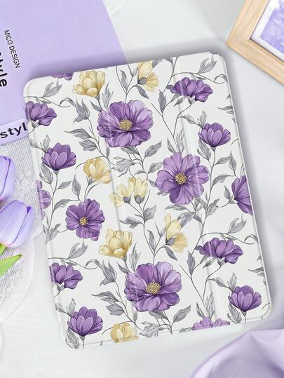 1个手绘紫色和黄色花叶图案平板电脑保护套，兼容Mini4/Mini5/Mini6/Mini7/Air/Air2/9.7/10.2/10.5/Air4/Air5/10.9/Pro 11英寸/第十代/Air 11英寸(M2)-2024/Pro 11英寸(M4)-2024/Air 11英寸(M3) 2025/(A16) 11英寸第十一代2025、Galaxy Tab A8 10.5英寸2022，包含笔槽、三折支架、TPU软边保护、磁吸式睡眠/唤醒功能，轻柔/个性化/治愈/复古平板电脑保护套