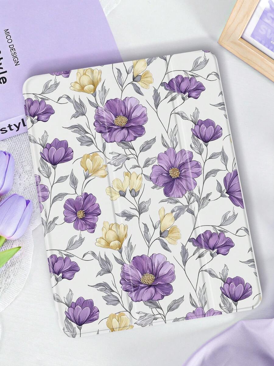 1个手绘紫色和黄色花叶图案平板电脑保护套，兼容Mini4/Mini5/Mini6/Mini7/Air/Air2/9.7/10.2/10.5/Air4/Air5/10.9/Pro 11英寸/第十代/Air 11英寸(M2)-2024/Pro 11英寸(M4)-2024/Air 11英寸(M3) 2025/(A16) 11英寸第十一代2025、Galaxy Tab A8 10.5英寸2022，包含笔槽、三折支架、TPU软边保护、磁吸式睡眠/唤醒功能，轻柔/个性化/治愈/复古平板电脑保护套 - 彩色 - 查看 1