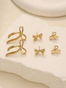 6pcs/Set Cute Bow Earrings Set For Women, Elegant And Refined, Suitable For Daily Work, Romantic Dates, Memorable Occasions, And Glamorous Weddings/Parties - Gold - View 4