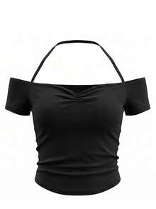 Sexy Off Shoulder Cropped Top, Unique Delicate Spaghetti Strap Clavicle Short Sleeve T-Shirt - Black - View 3