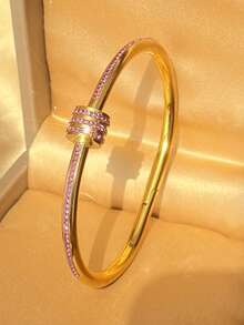 18K Gold Plated Stainless Steel Heart Jewelry Set For Women, Gold Bangle, Ins Style Shiny Zirconia Layered Bracelet, Mother's Gift, Christmas, Thanksgiving, Halloween, Wedding Jewelry, Anniversary, Valentine's Day Gift, Boho Style Daily Party - Multicolor - View 12