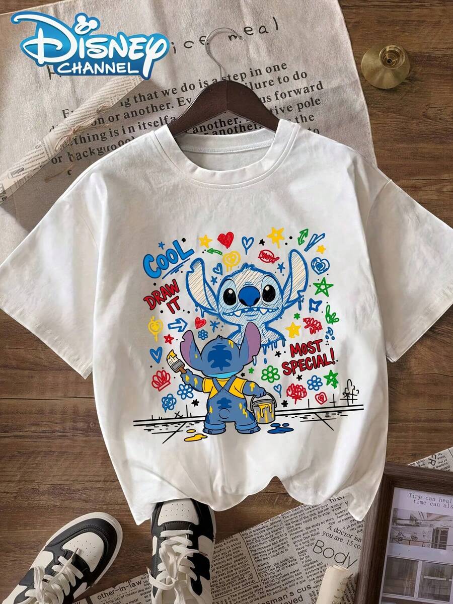 Women's Disney Lilo & Stitch Stitch Themed T-Shirt - Cute Stitch & Stitch Print Short Sleeve Round Neck Casual Summer Tee With Lilo & Stitch Characters For Casual Attire, Machine Washable & Women's Apparel - 白色 - 查看 1