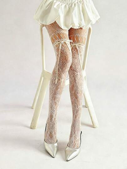 1双，性感女士丝袜，女士丝袜，黑色蝴蝶结渔网丝袜，提花网眼丝袜，日式镂空连裤袜，千禧风网眼丝袜，蕾丝连裤袜，白色镂空丝袜，系带丝袜，蝴蝶结丝袜，性感风格丝袜，朋克风格丝袜，性感丝袜，甜美酷炫风格，哥特风格，OL穿搭，COS必备单品，及膝丝袜，长筒袜，丝袜，黑色丝袜，情趣丝袜，非常适合夏季穿着
